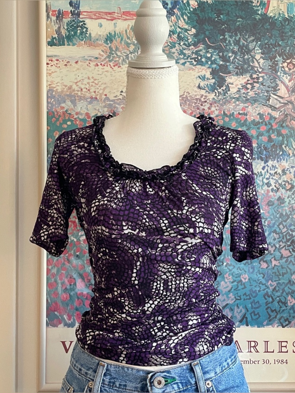 Y2K Purple Snakeskin Mesh Top XXS Silk Ruffles Whimsigoth Office Siren